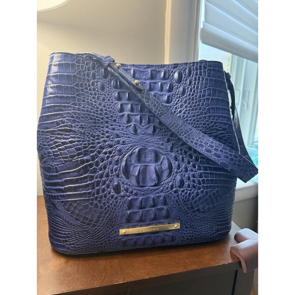 Brahmin Camden Bucket Bag In Sapphire Blue Croc- Embossed Leather NWT